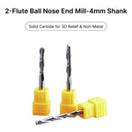 4mm shank 2-flute ball nose end mill made of solid carbide, perfect for 3D CNC relief carving in non-metallic materials.