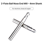 4mm shank 2-flute ball nose end mill, optimized for cutting non-ferrous metals like aluminum, brass, and copper.