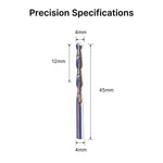 Dimensional specifications diagram of the 4mm shank ball nose end mill, showing 12mm flute length and 45mm overall length.