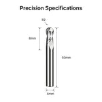 Dimensional drawing of the 4mm ball nose end mill showing an R2 tip, 8mm flute length, and 50mm overall length.