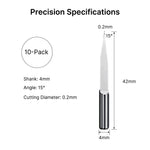 Precision specifications of the 4mm engraving bit, showing a 15-degree angle, 0.2mm cutting diameter, and 42mm overall length.