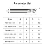 Specification and size chart for MAXMAKE 4mm shank ball nose end mills for metal.