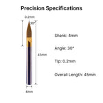 Precision specifications of the 4mm metal engraving bit, showing a 30-degree angle, 0.2mm tip diameter, and 45mm overall length.
