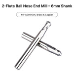 6mm shank 2-flute ball nose end mill, optimized for cutting non-ferrous metals like aluminum, brass, and copper.