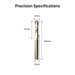 Dimensional specifications diagram of the 6mm shank ball nose end mill, showing 12mm flute length and 50mm overall length.