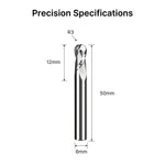 Dimensional drawing of the 6mm ball nose end mill showing an R3 tip, 12mm flute length, and 50mm overall length