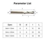 Specifications size chart for 6mm ball nose end mills, detailing cutting diameters, flute lengths, and overall lengths.