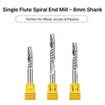 6mm shank single flute spiral end mills, perfect for CNC routing wood, acrylic, and plastics.