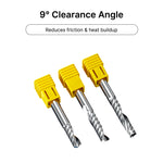 6mm single flute end mill featuring a 9-degree clearance angle to reduce friction and heat buildup during CNC machining.