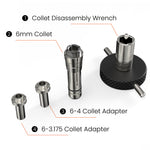 High-precision spindle collet and 4mm/1/8 inch adapters.