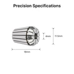 Dimensional specifications diagram of the ER11 collet with a 4mm inner diameter and 18mm overall length.