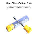 Close-up of the high-shear cutting edge on a 4mm ball nose end mill, engineered for smooth chip removal and fine surface finishes.