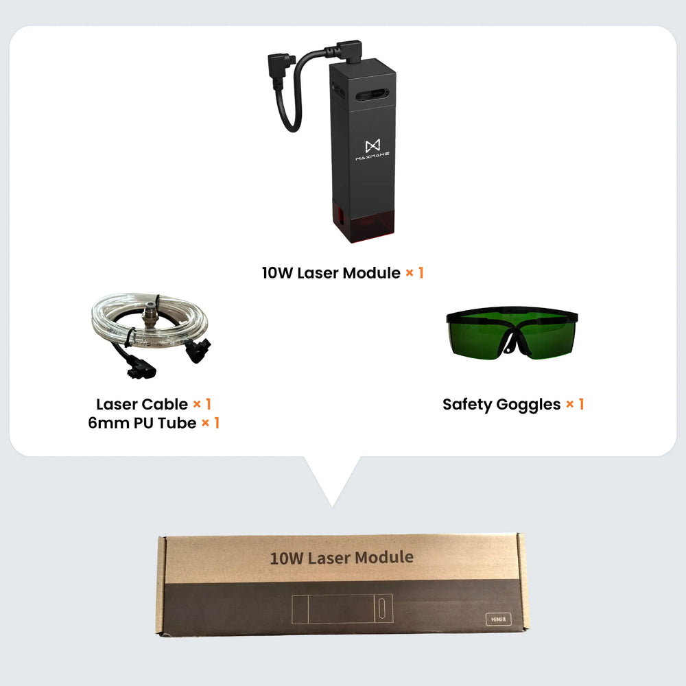 Maxmake 10W Laser Module Kit for engraving and cutting. Includes safety goggles and cables for HiMill CNC upgrade.