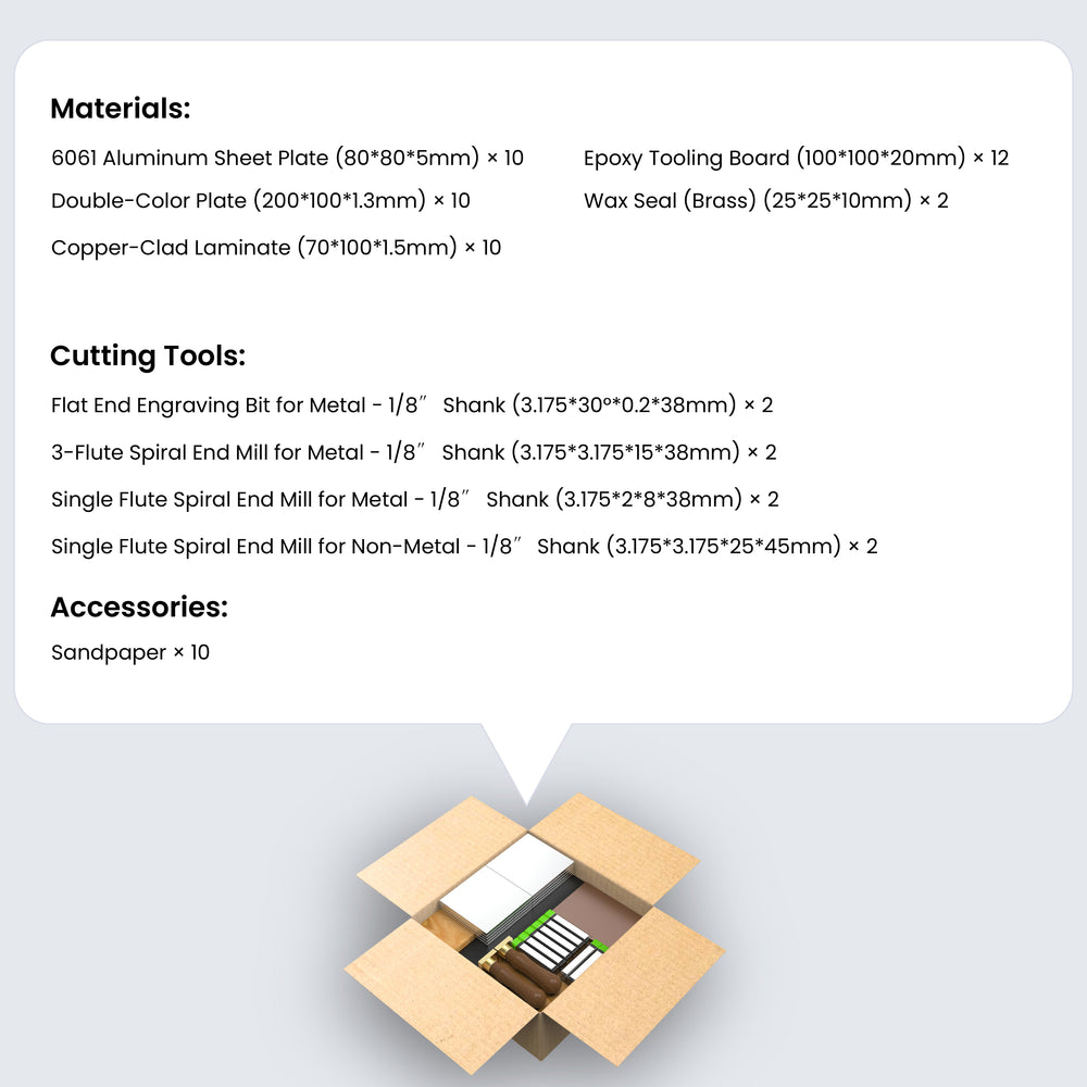 MAXMAKE CNC Starter Kit contents including aluminum, epoxy board, copper-clad laminate, and various CNC router bits for metal and non-metal carving.