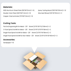MAXMAKE CNC Starter Kit contents including aluminum, epoxy board, copper-clad laminate, and various CNC router bits for metal and non-metal carving.