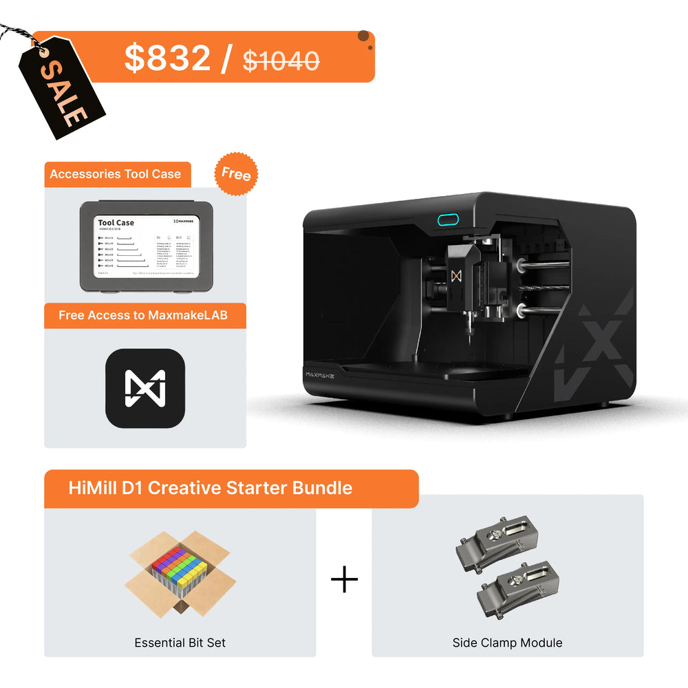 Maxmake HiMill D1 Creative Starter CNC for milling and carving at $832. Includes bits and side clamps for cutting.
