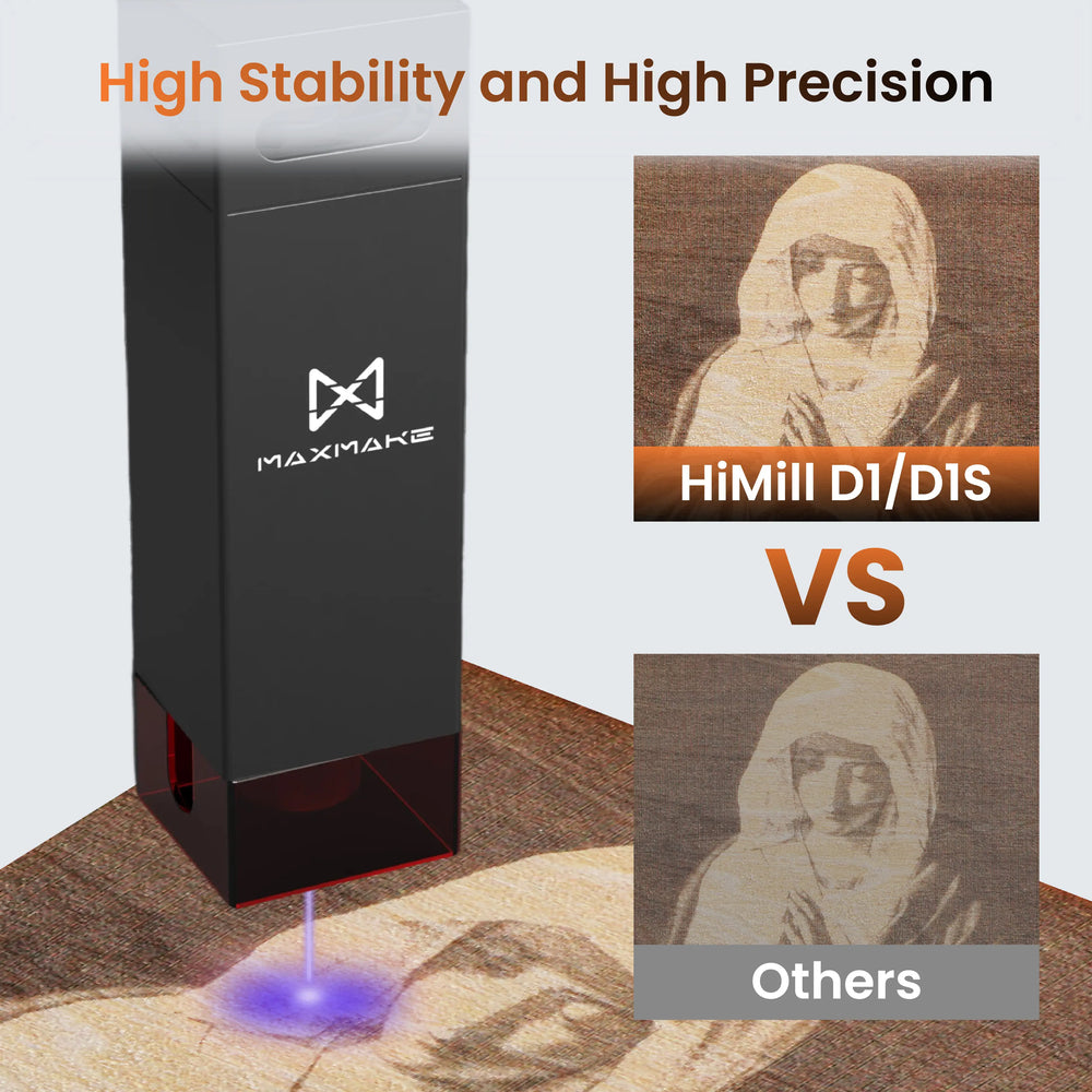 Maxmake HiMill D1/D1S laser engraving vs others. High precision and stability for wood carving, engraving and cutting.