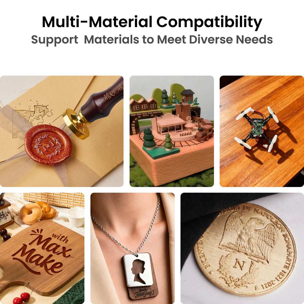 Maxmake HiMill D1 projects: CNC milling, engraving, and cutting on brass, wood, and carbon fiber. Versatile CNC kit.