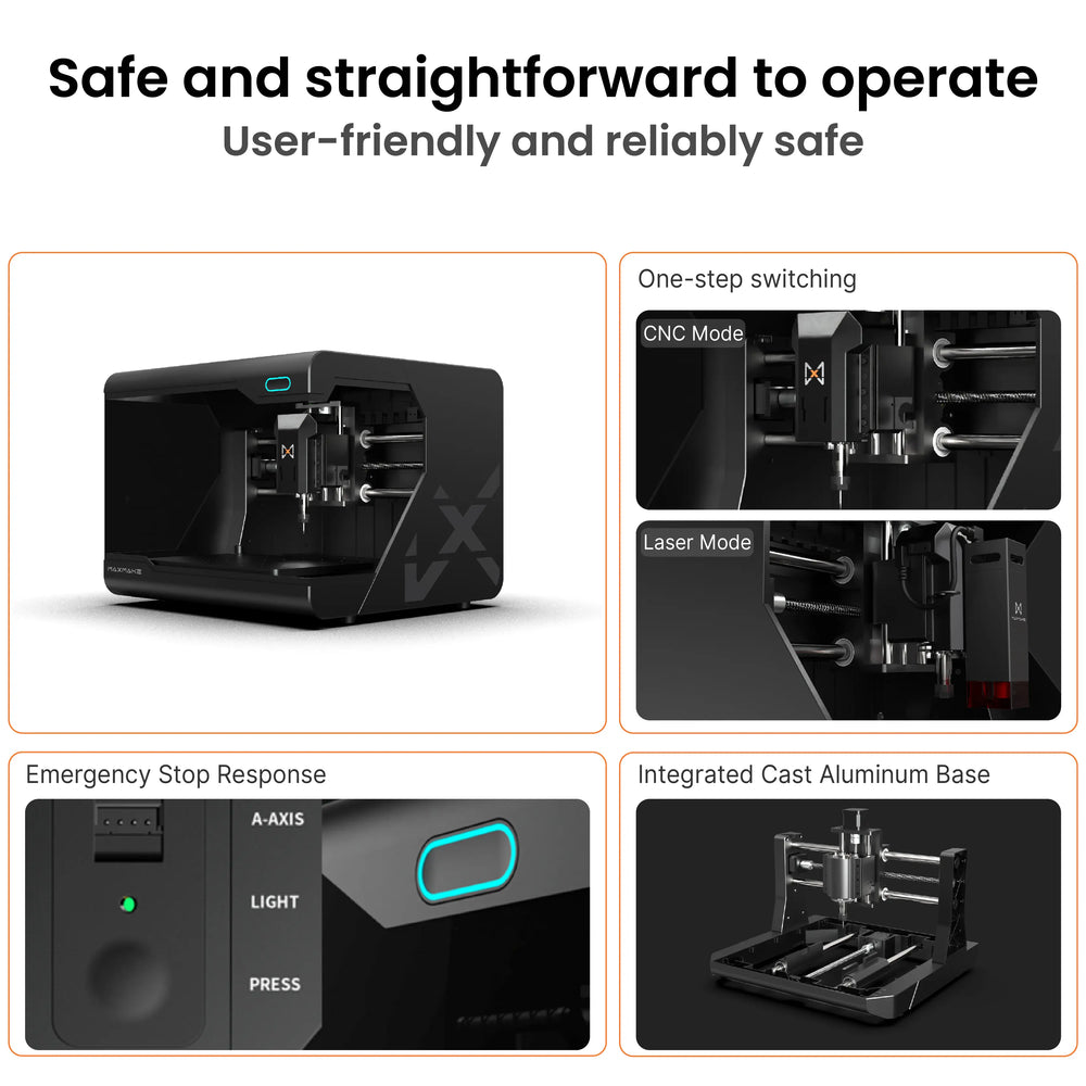 Maxmake HiMill D1: safe hybrid CNC for milling, engraving & cutting. Features emergency stop and stable aluminum base.