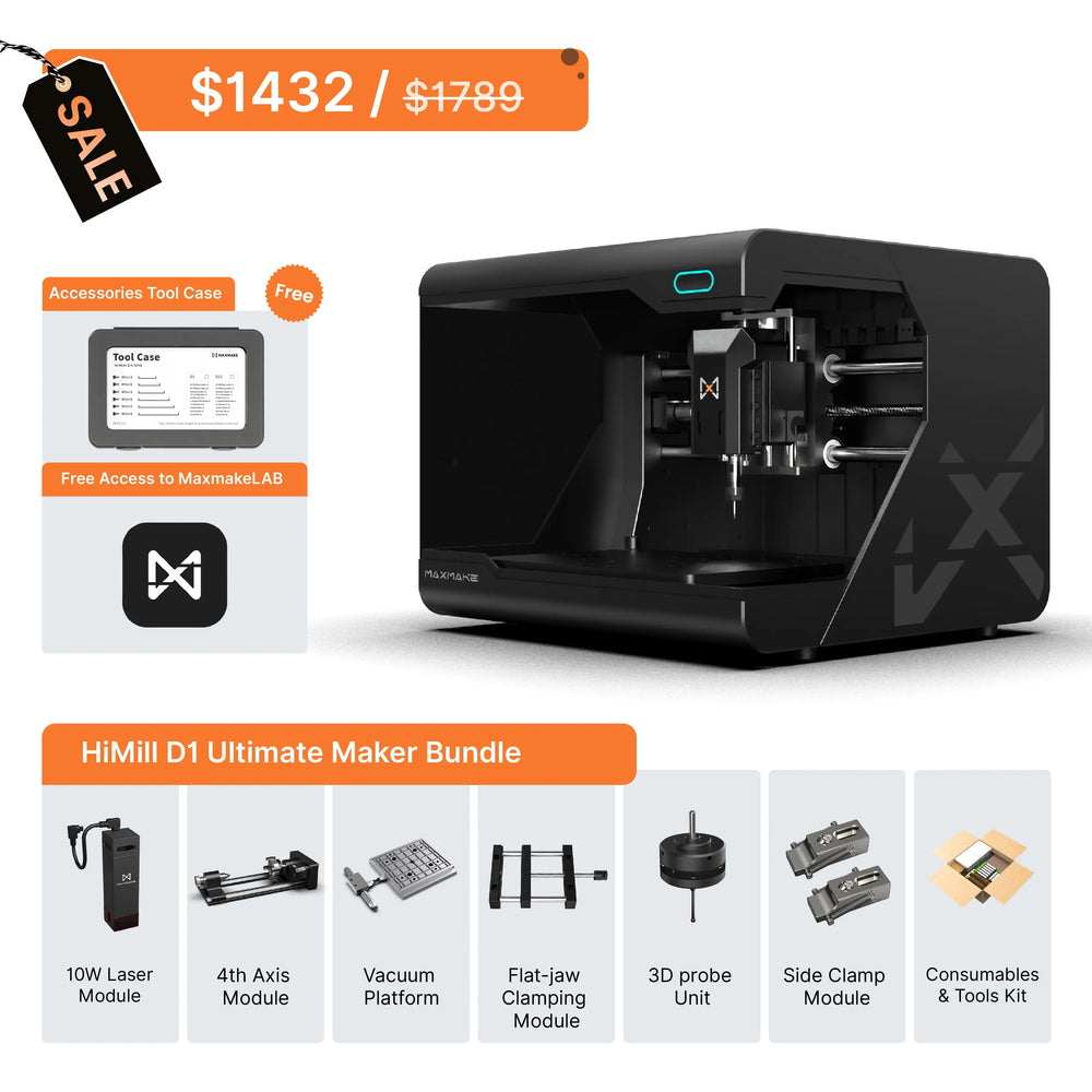 Maxmake HiMill D1 Ultimate Bundle for 10W laser engraving, cutting & 4-axis milling at $1432. Full professional kit.