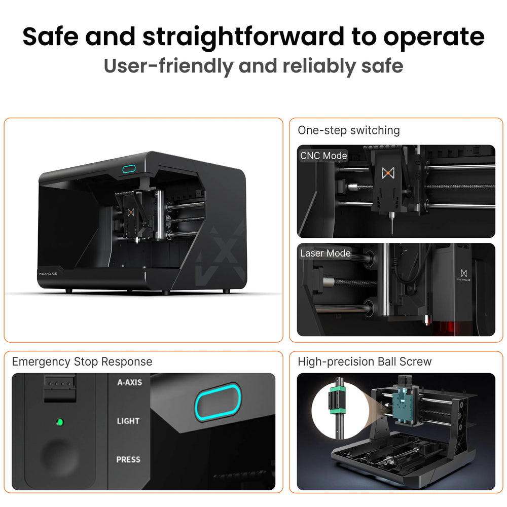Maxmake HiMill D1S ball screw CNC for milling, engraving & cutting. Interchangeable CNC & laser heads with emergency stop.