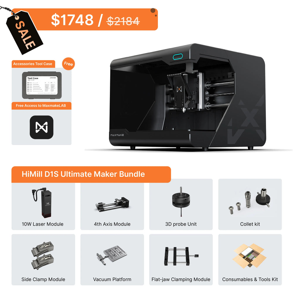 HiMill D1S All-in-One CNC. 4-Axis, 10W Laser & Vacuum Platform. Ball Screw Ultimate Bundle $1748.