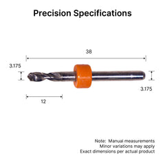 PCB Drill Bit Specifications: 3.175mm Shank, 12mm Flute Length, 38mm Overall Length Dimensions