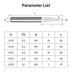 Flat Bottom Engraving Bits (V-Bits) for Wood, Acrylic & PCB - 30°/60° Degree 1/8" Shank Carbide Router Bit Parameter List