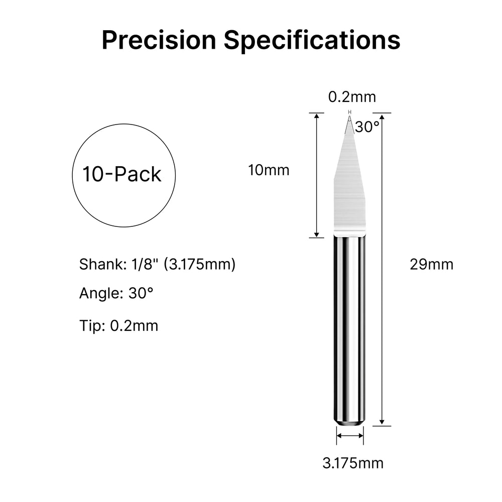 10-Pack 30 Degree 0.2mm CNC Engraving V-Bits, 1/8" Shank Carbide Router Bits for Wood & Acrylic