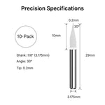 10-Pack 30 Degree 0.2mm CNC Engraving V-Bits, 1/8" Shank Carbide Router Bits for Wood & Acrylic