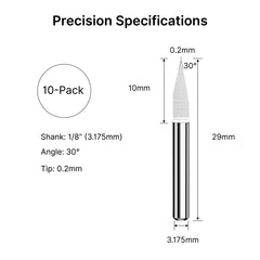 10-Pack 30 Degree 0.2mm CNC Engraving V-Bits, 1/8" Shank Carbide Router Bits for Wood & Acrylic
