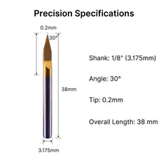 30 Degree 0.2mm Coated V-Bit Specifications, 3.175mm Shank Precision Metal Carving Tool