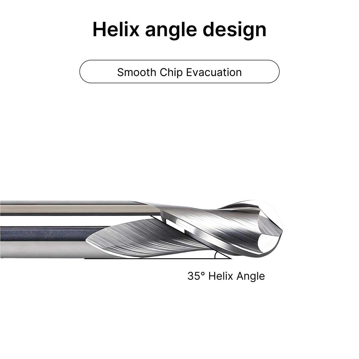 35-degree helix angle design on the ball nose end mill, engineered for smooth chip evacuation during metal cutting