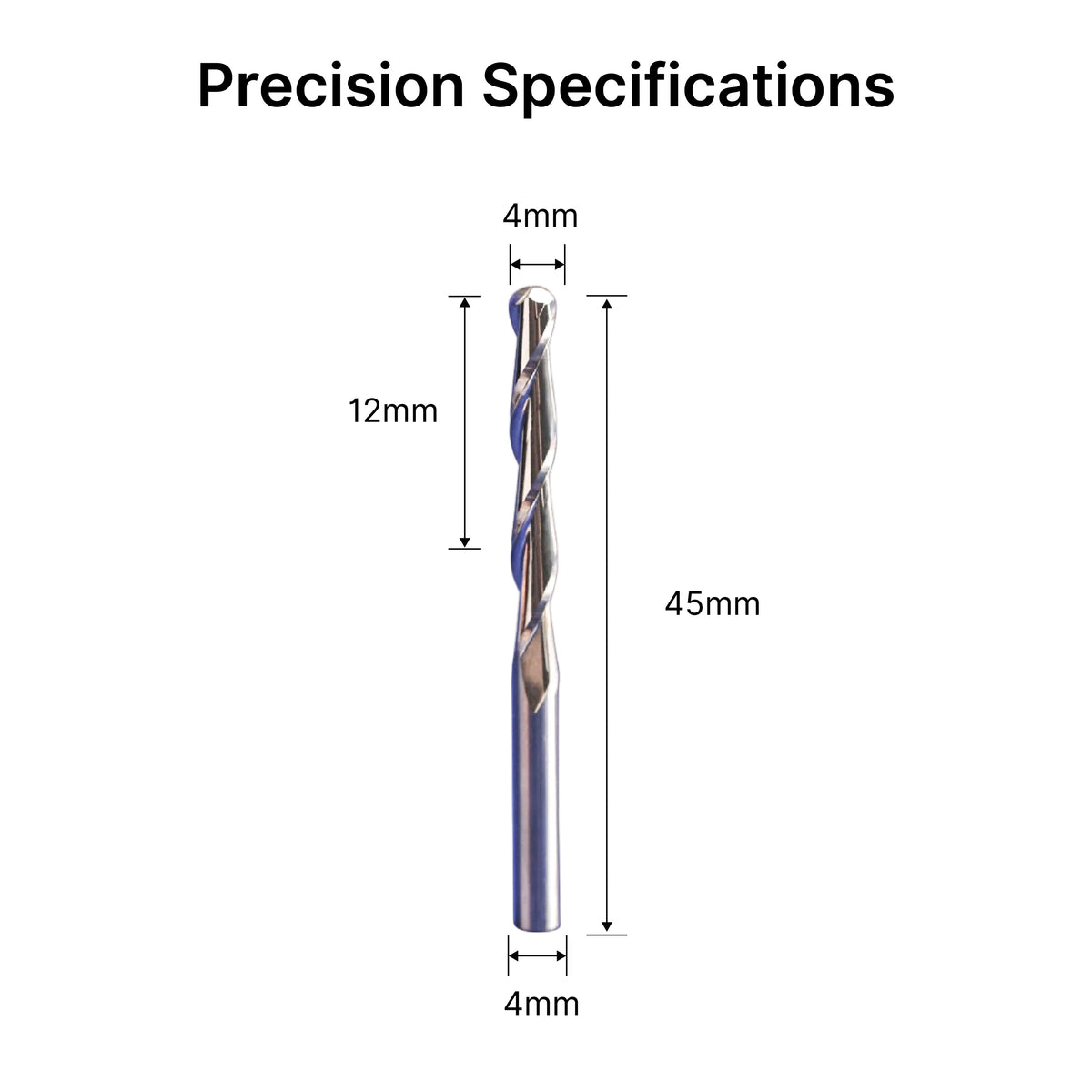 Dimensional specifications diagram of the 4mm shank ball nose end mill, showing 12mm flute length and 45mm overall length.