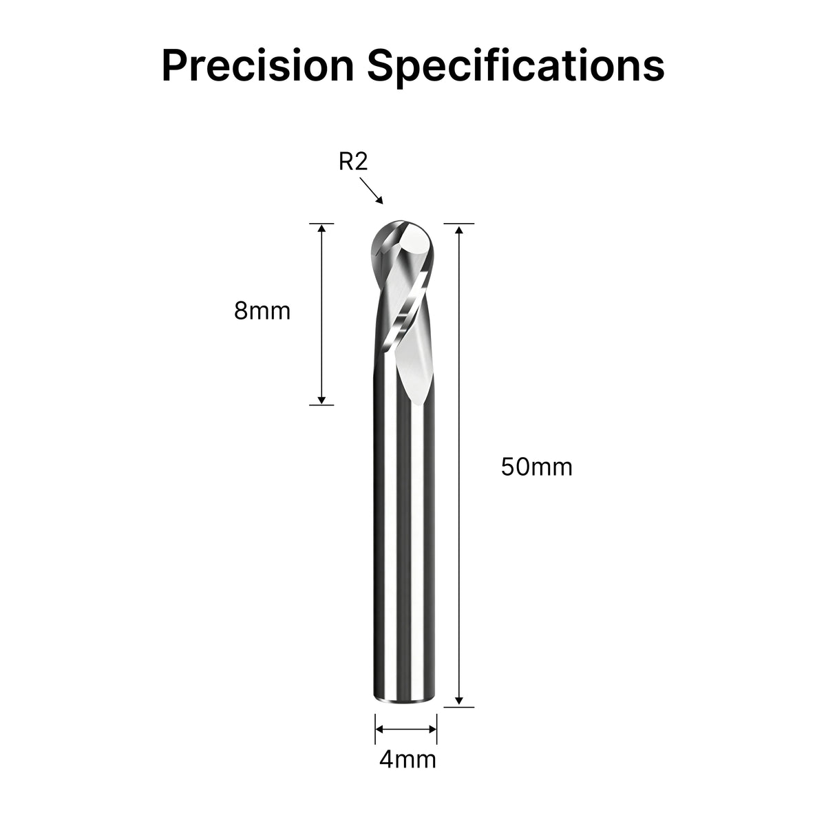 Dimensional drawing of the 4mm ball nose end mill showing an R2 tip, 8mm flute length, and 50mm overall length.