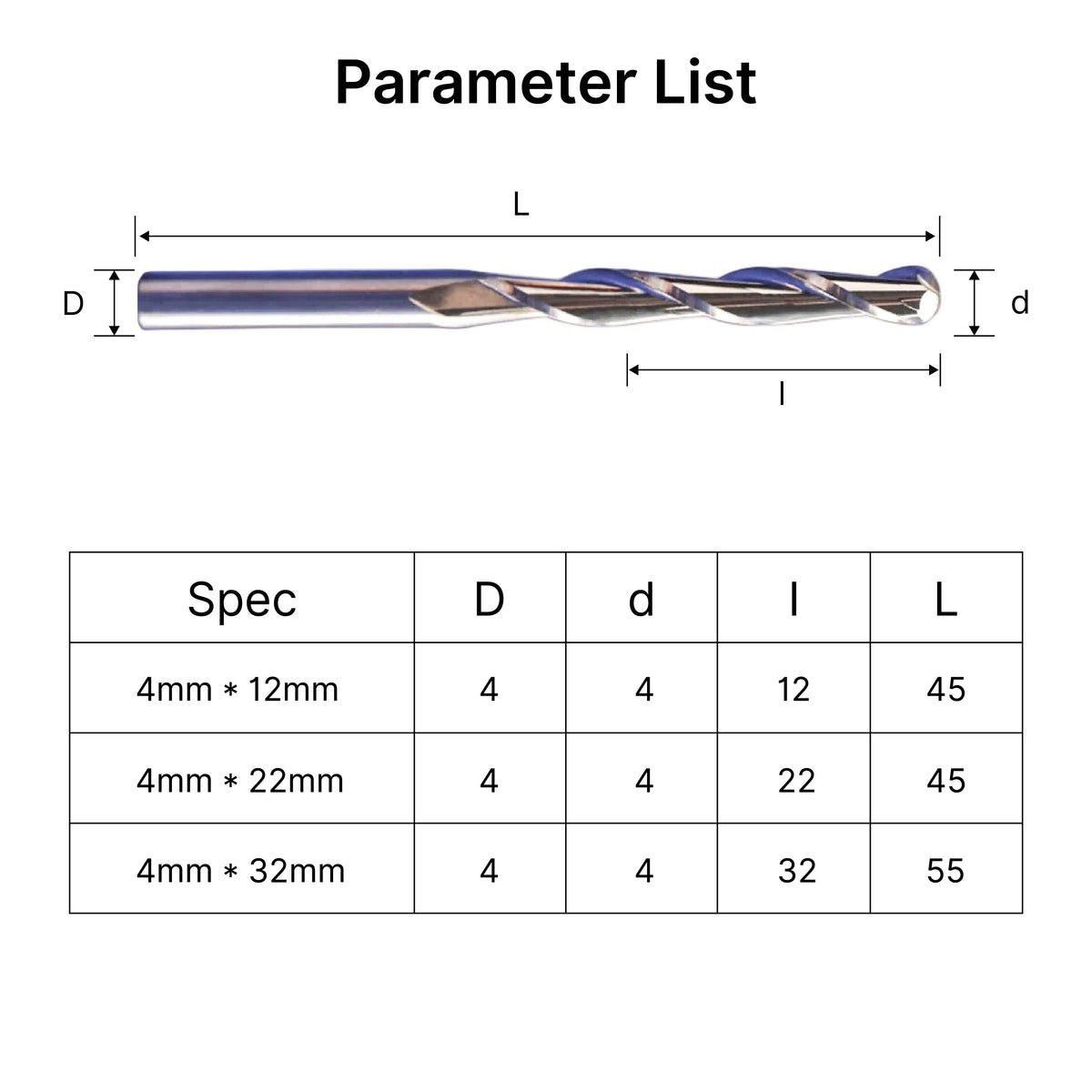 Specifications size chart for 4mm ball nose end mills, detailing cutting diameters, flute lengths, and overall lengths.