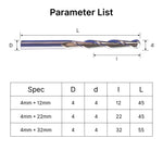 Specifications size chart for 4mm ball nose end mills, detailing cutting diameters, flute lengths, and overall lengths.