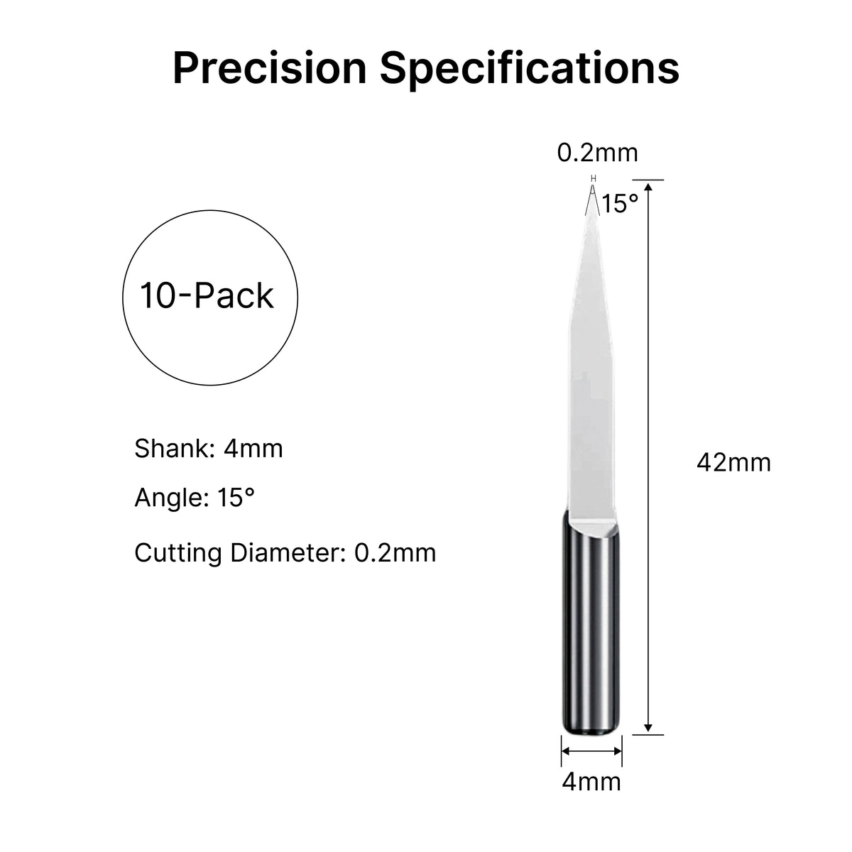Precision specifications of the 4mm engraving bit, showing a 15-degree angle, 0.2mm cutting diameter, and 42mm overall length.