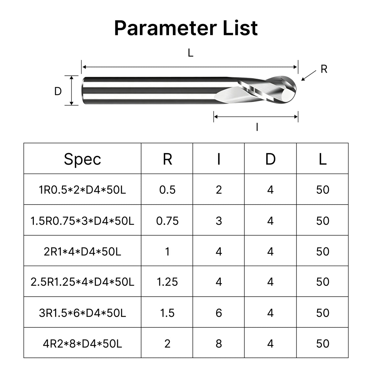 Specification and size chart for MAXMAKE 4mm shank ball nose end mills for metal.