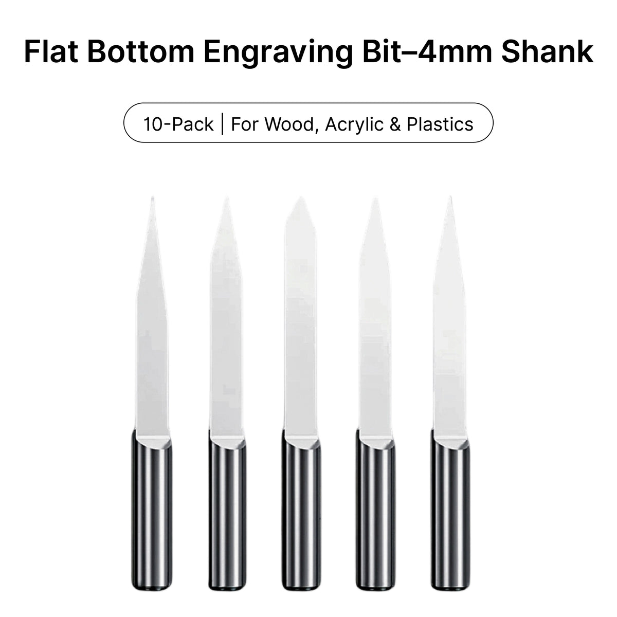Five 4mm shank flat bottom engraving bits, ideal for precision carving in wood, acrylic, and plastics.