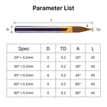 Parameter list and size chart for MAXMAKE 4mm coated metal engraving bits, detailing various angles and tip diameters.