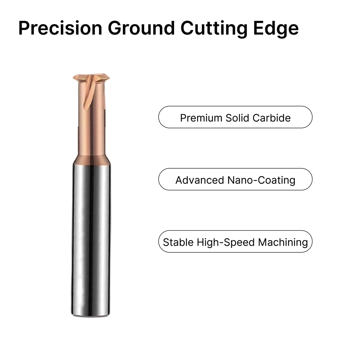 Close-up highlighting the precision ground cutting edge, premium solid carbide material, and stable high-speed machining capabilities.
