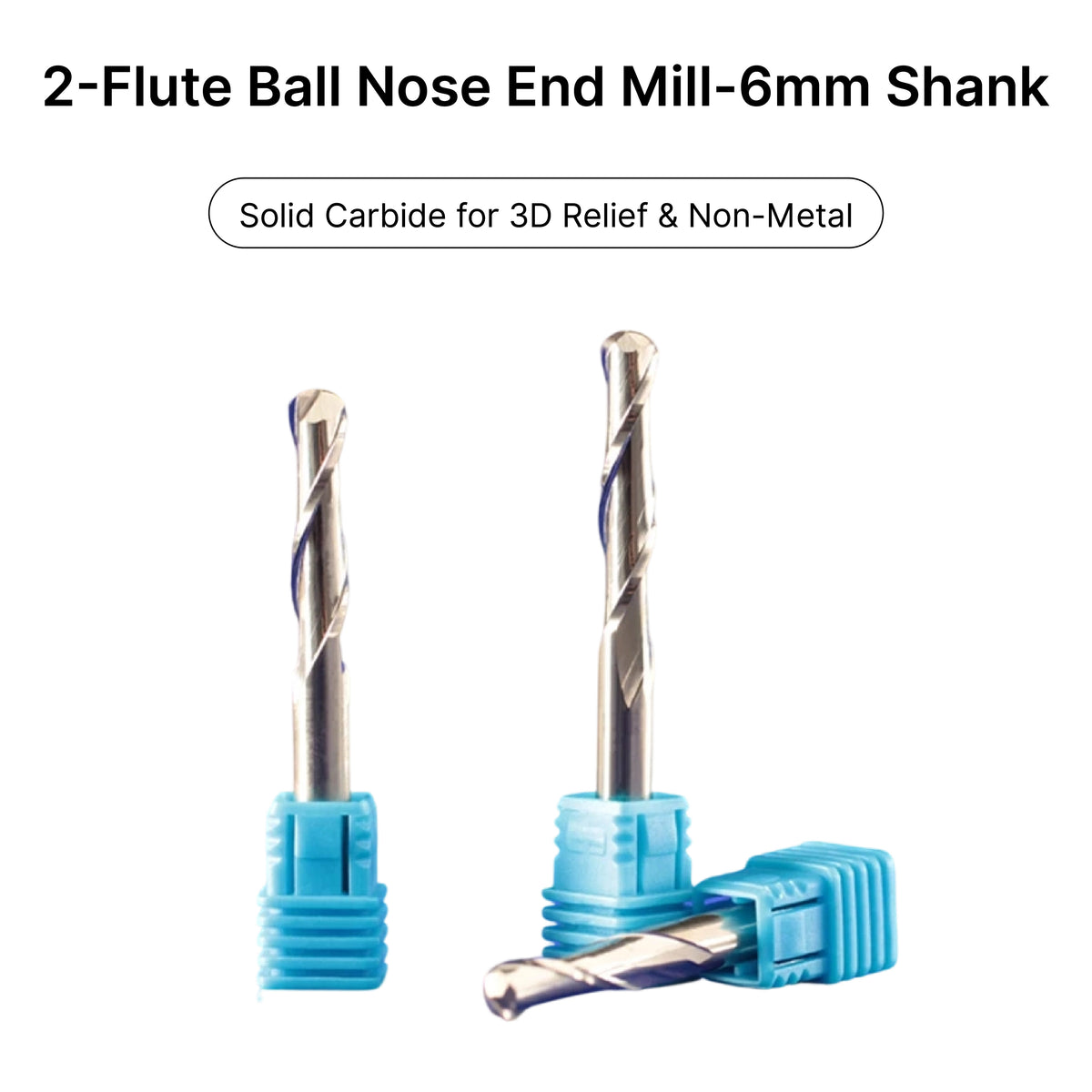 6mm shank 2-flute ball nose end mill made of solid carbide, perfect for 3D CNC relief carving in non-metallic materials.