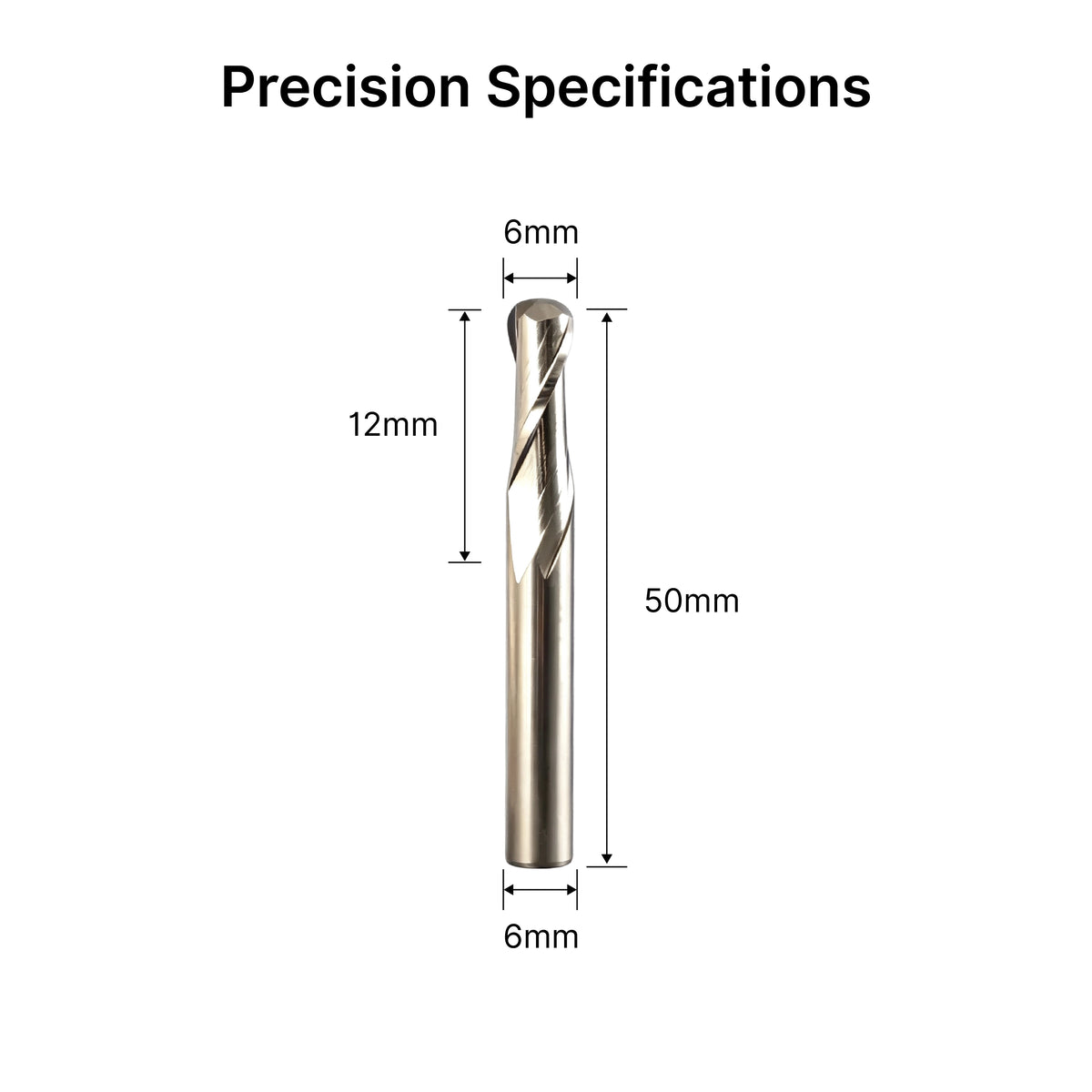 Dimensional specifications diagram of the 6mm shank ball nose end mill, showing 12mm flute length and 50mm overall length.