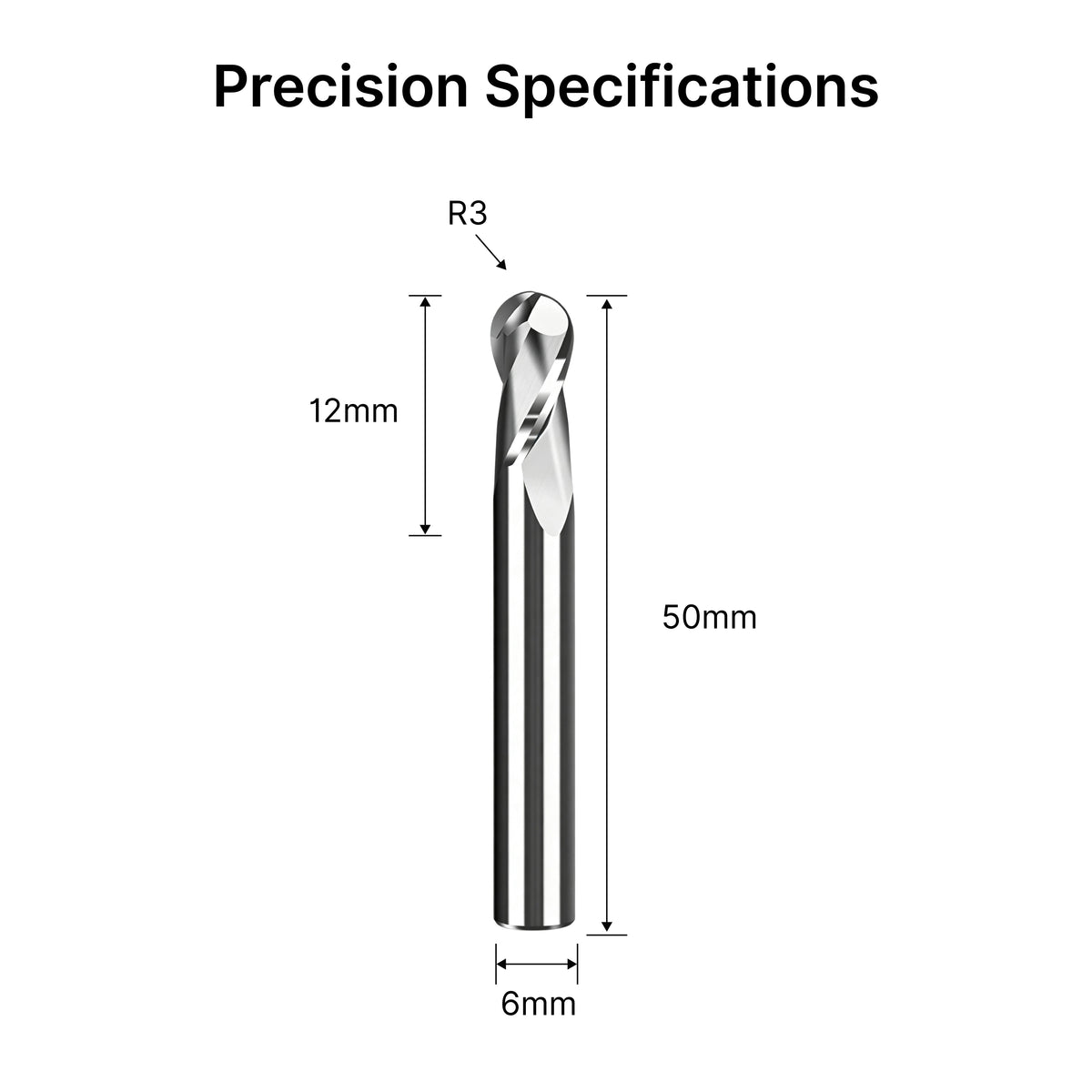 Dimensional drawing of the 6mm ball nose end mill showing an R3 tip, 12mm flute length, and 50mm overall length