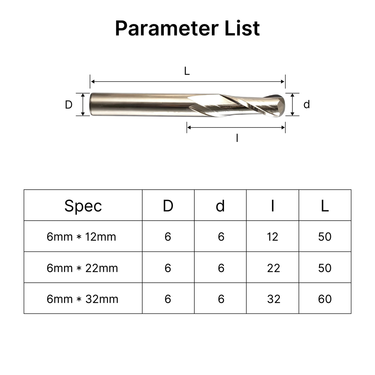 Specifications size chart for 6mm ball nose end mills, detailing cutting diameters, flute lengths, and overall lengths.