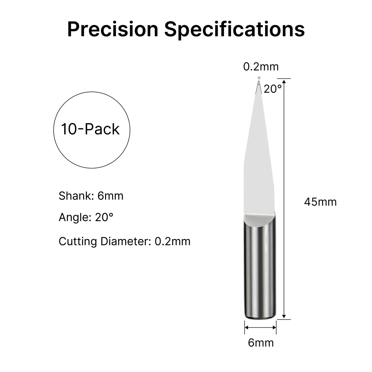 Precision specifications of the 6mm engraving bit, showing a 20-degree angle and 0.2mm cutting diameter.
