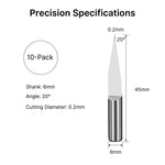 Precision specifications of the 6mm engraving bit, showing a 20-degree angle and 0.2mm cutting diameter.