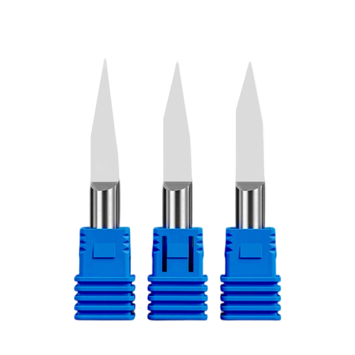 6mm shank flat bottom engraving bits with blue bases for CNC routing wood and acrylic.