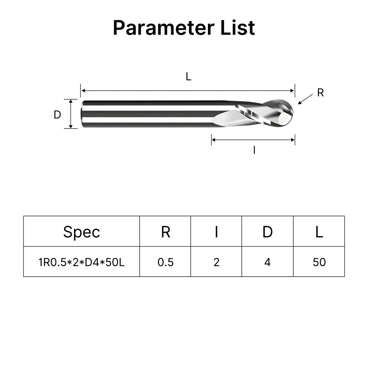 Specification and size chart for MAXMAKE 6mm shank ball nose end mills for metal.
